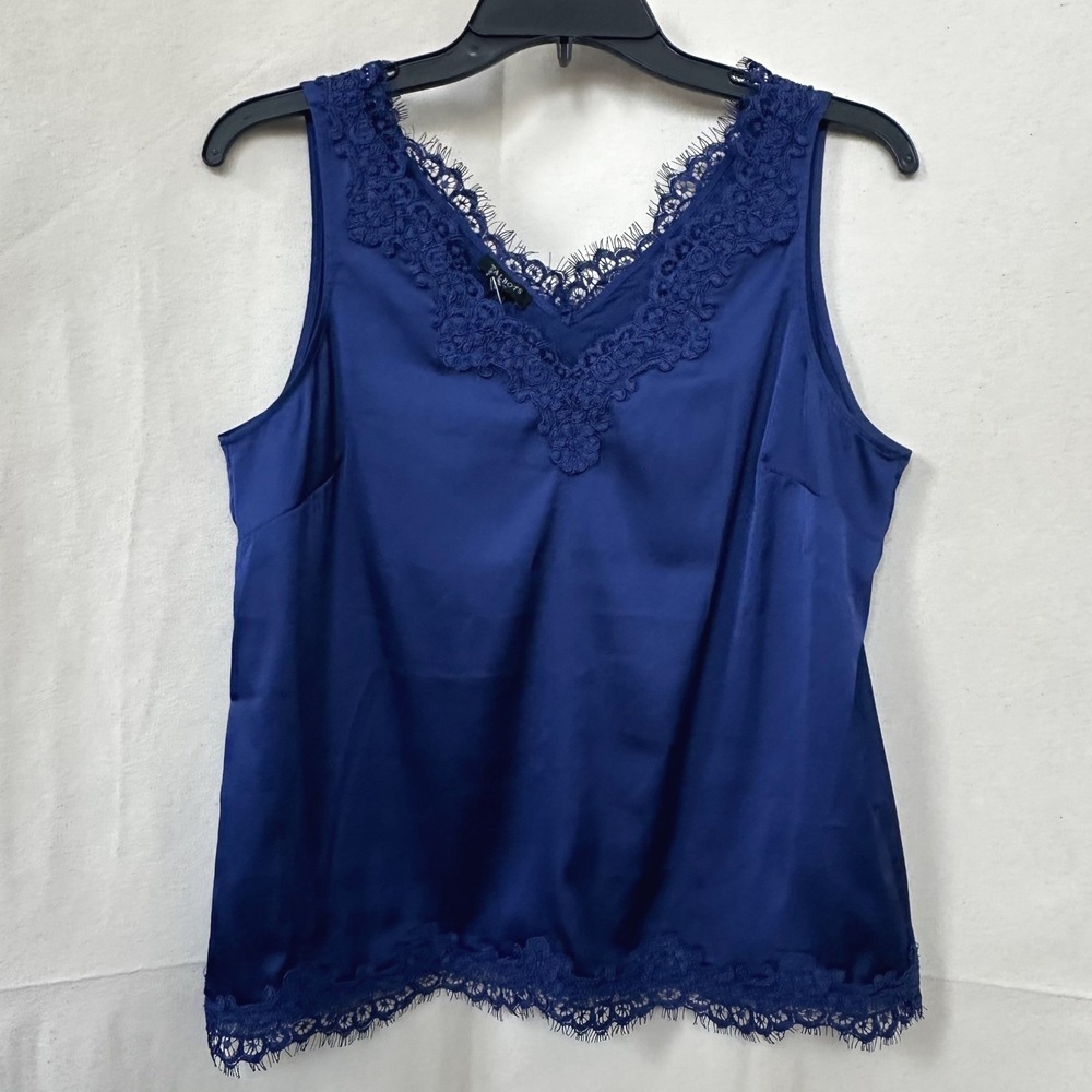 Talbots Petite Royal Blue Satin Lace Trim Charmeuse Camisole MP Layers NWT